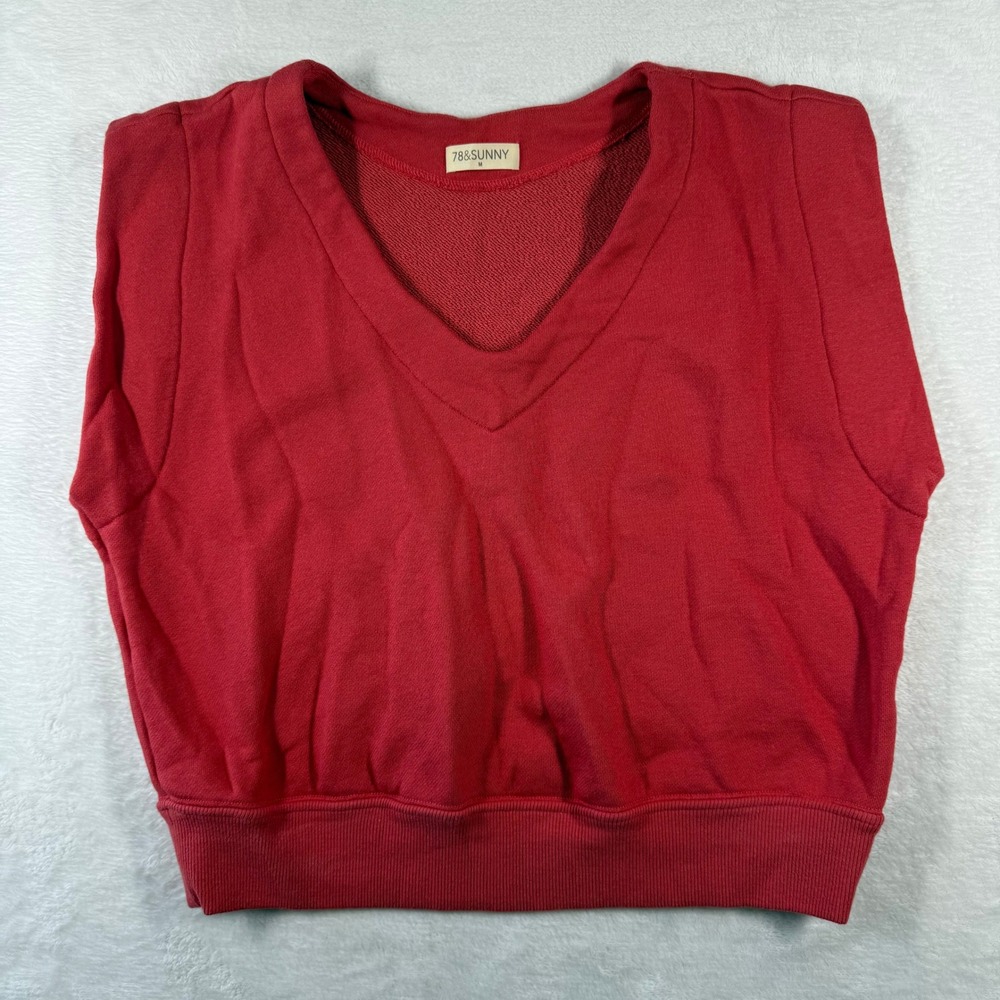 78&SUNNY Womens Red V-Neck Sleeveless Cropped Sweatshirt Vest Size M Made in USA